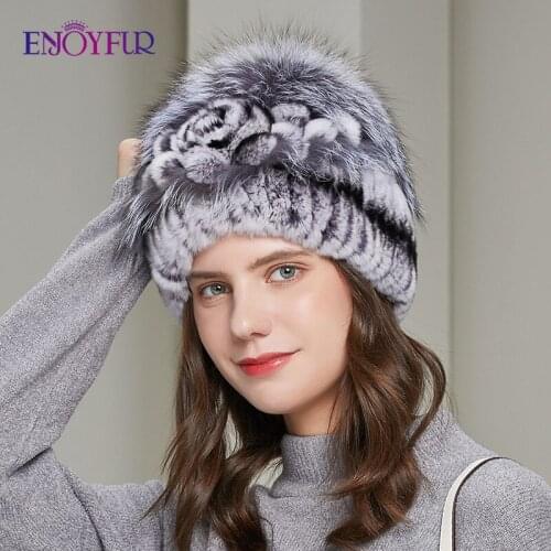 ENJOYFUR Natural Angora Rabbit Hats Winter Women Hand-sewn Fashion Floral Fur Knit Bonnets Warm Windproof Female Earflap Beanies