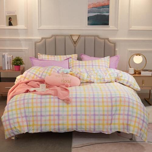 Home Living Colorful Grid Print 3/4Pcs Bedding Flat Sheet Pillow Case Duvet Cover Set Queen Size and King Size Bedding Sets