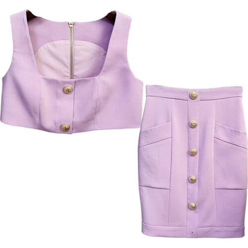 Skirt Set for Women Crop Tops Lavender Violet Short Vest Skirt Suit Women Gold Button Short Suit Womens Skirt Crop Tops Summer