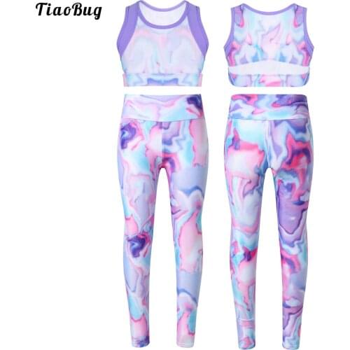 Summer Colorful Kids Girls Sportwear Stretchy Sleeveless Tie-Dye Top Elastic Waistband Yoga Running Gym Workout Leggings Sets