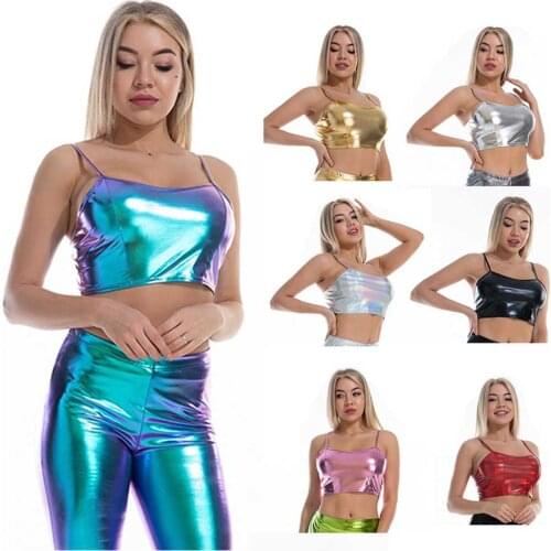 2021 Summer Womens Shiny Cropped Tops Sexy Clubwear Pole Dance Backless Short Camisole WDC7805