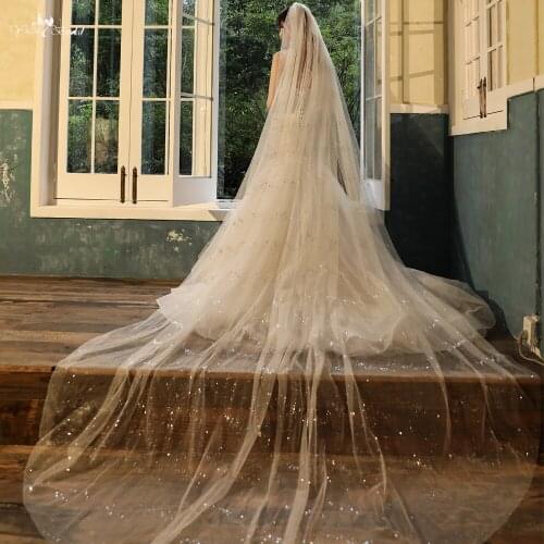 LZP543 Stunning Crystals Long Bridal Veils With Comb Romantic One Layer Wedding Veil