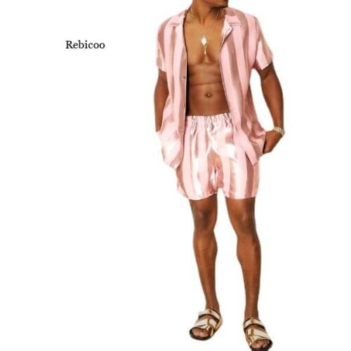 Men Fashion Striped Sets Shiny Short Sleeve Shirt Elastic Waist Shorts 2 Pieces Streetwear Casual Suits Plus Size New