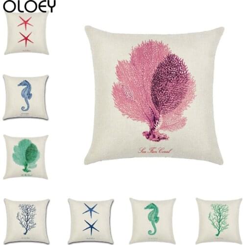 Marine Plants Printed Cotton Linen Cushion Cover Starfish Seahorse Seaweed Coral Pattern Home Decorative Pillowcase 45*45cm