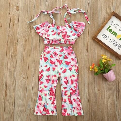 2020 new hot sale suit European and American style childrens summer dress lotus leaf collar strapless sling flared trousers