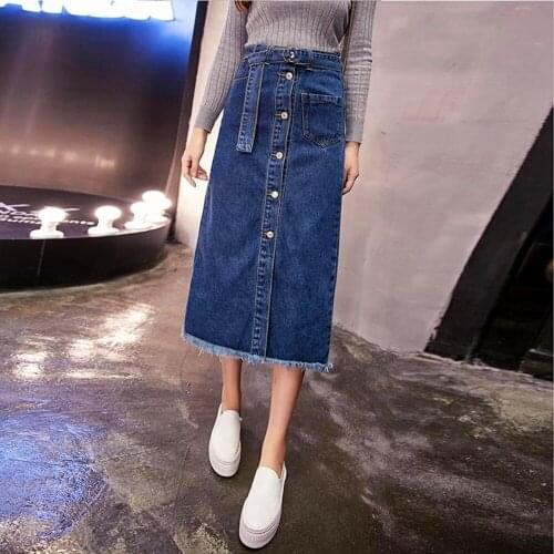 New Women Skirts Plus Size Solid Casual Single Button Pockets Sashes Slim Jeans Skirts For Females Larger Denim MD-Skirts S-4XL