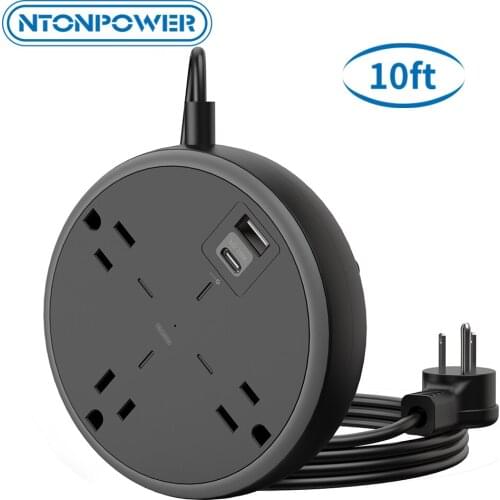 NTONPOWER Wall Mountable 18W Power Strip with USB-C 3 Widely Outlets Flat Plug With 10FT Extension Cord For Dorm Room Essentials