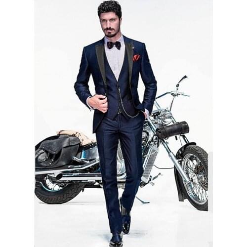 Slim Fits Navy Men Prom Dress Business Suits Groom Tuxedos Coat Waistcoat Trousers Sets (Jacket+Pants+Vest+Tie) K:1303