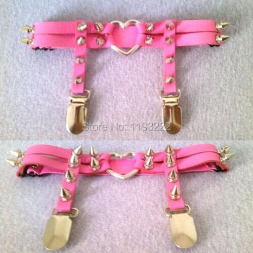 Wholesale Punk Goth Double Studded Heart Garters, Handmade Leather Silver Heart Leg Ring