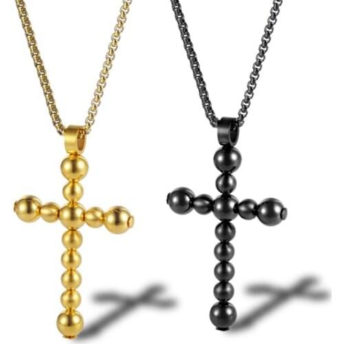 Stainless Steel Hip Hop Street Dance Fashion Cross Bead Pendant Necklace Men Punk Rock Jewelry Gift For Him with Chain