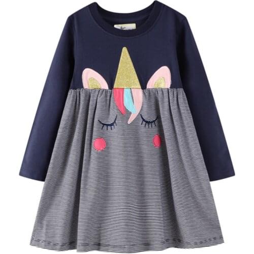 Girls' long-sleeved dress cute embroidered unicorn Smiley autumn cotton casual round neck A-line dress 7276