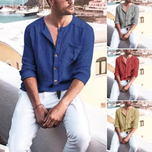Men Solid Color Button Down Long Sleeve Comfortable Cotton Linen Loose Shirt Blouse Top Casual Loose Holiday Shirts Tee Tops
