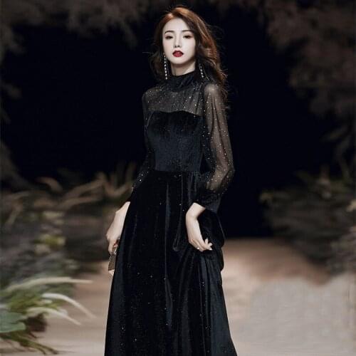 High Neck Illusion Black Floor-Length Long Sleeves Glamorous Sequined Evening Dresses 2021 New Fashion Party Wear Gown for Women
