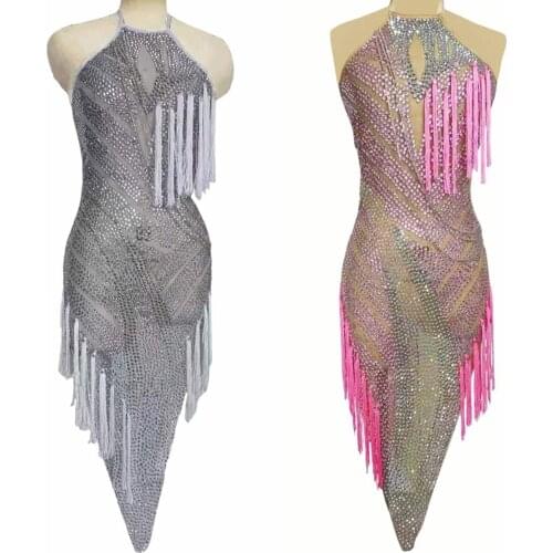 Silver Tassel Halter Dress Women 2 Colors Crystal Rhinestone Party Prom Latin Dance Outfit Stage Nightclub Show Costume