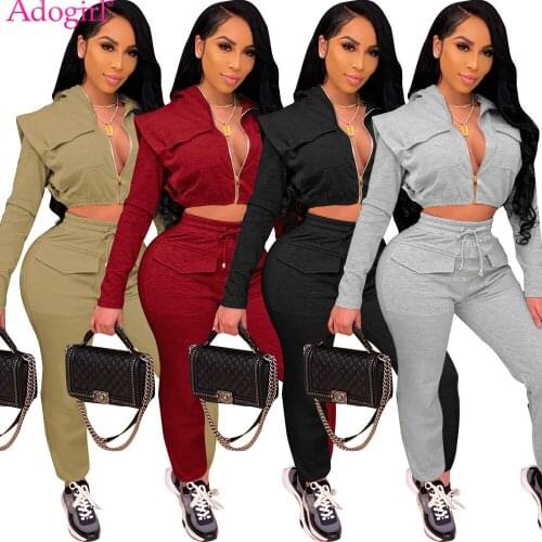 Adogirl Casual Solid Zipper Hooded Two Piece V Neck Long Sleeve Crop Top With Pockets Drawstring Pants Sporty Fitness Tracksuit