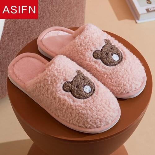 ASIFN Winter Cartoon Bear Womens Cute Cotton Slippers with Fur Girls Plush Warm Indoor Men Ladies Flat Shoes Fuzzy Slippers