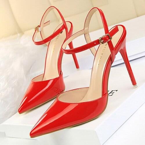 Women Patent Leather Ankle Strap Pointed Toe Stiletto High Heel Pump Ladies Evening Party Dress Shoes Silver Nude Woman Shoes