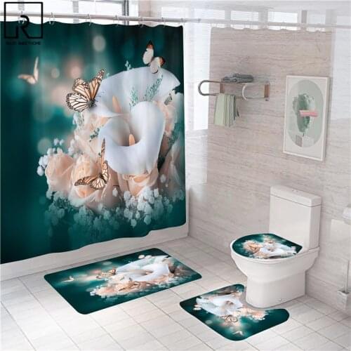 Rose Flower Butterfly Raindrop Print Shower Curtain Bathroom Partition Bath Mat Flannel Toilet Carpet Washroom Rugs Home Decor