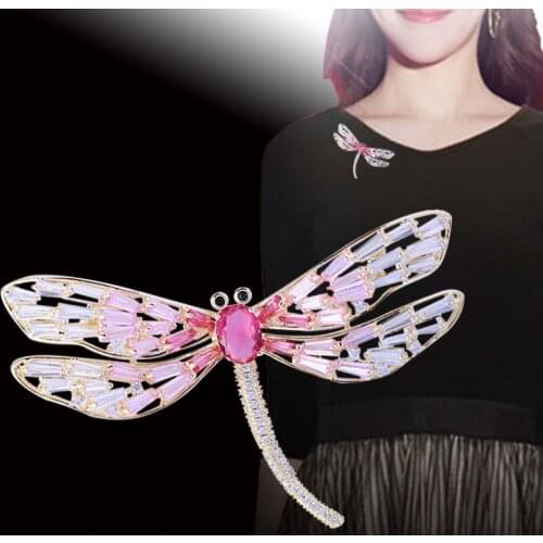 New Cute Dragonfly Brooches Fashion Pink Yellow Cubic Zirconia Flying Insect Brooch Pins Women Mens Suit Jewelry Broche Pin