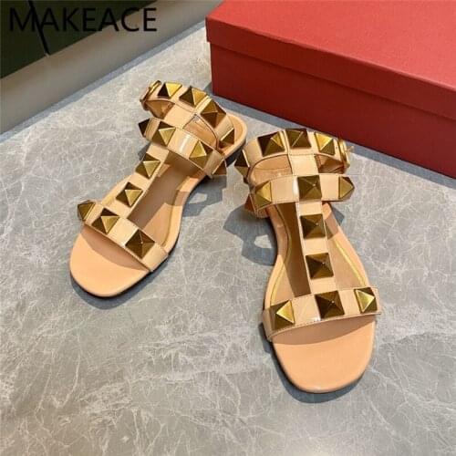 New Pink Rivet Flat Beach Slippers Women real Leather Open Toe Sandals Summer flip flops Comfort Vacation Shoes For Ladies 2021