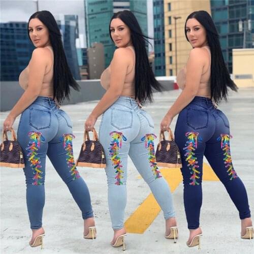 Women Destroyed Jeans 2021 Back Lace-up Fashion High Waist Ripped Holes Split Pants Jeans Bodycon Clubwear Streetwear