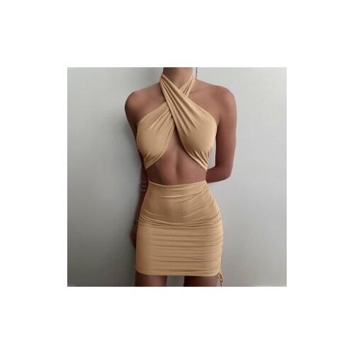 Women set clothes Sexy Cut Out Mini Halter Party Dresses Bodycon Sleeveless Backless Club Dress Ruched Drawstring Beach Holiday