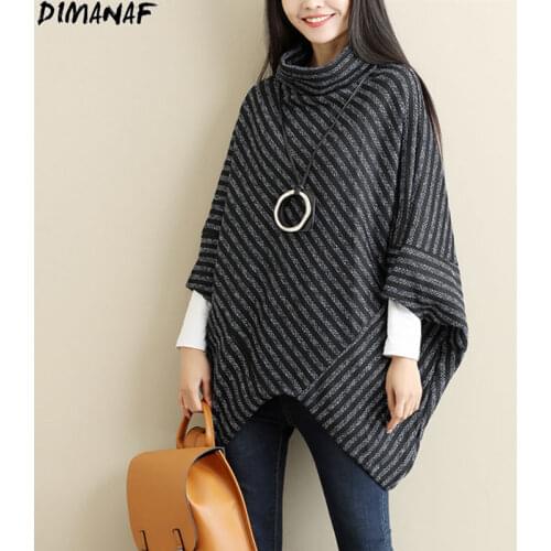 DIMANAF Autumn Women Sweaters Winter Pullover Striped Bat Warm Tops Female Turtleneck Wool Knitted Wool Basic 2021 Tees Shirt