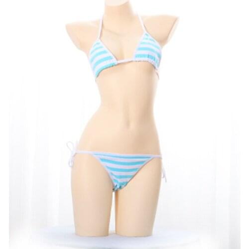 Japanese Sexy Lingerie Lolita Kawaii Blue Pink White Striped Mini Bikini Adult Cosplay Erotic Costumes Bra Women Underwear Set