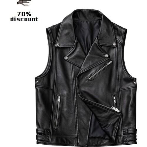 2020 Black Men Slim Fit Motorcycle Leather Vest Plus Size XXXXXL Genuine Cowhide Spring Short Bikers Leather Vest FREE SHIPPING