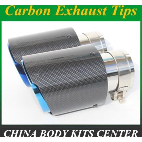 2PCS Plain Weave Glossy Carbon Car styling Exhaust System Muffler Tip Tail Pipes Universal Straight Blue Stainless Steel FOR AK