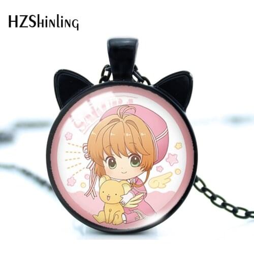 2021 New Anime Cardcaptor Sakura Pendant Necklace Kawaii Cat Ear Pendants Glass Cabochon Necklaces Handamde Jewelry
