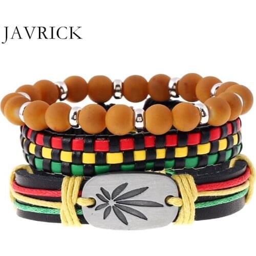3 Pcs Jamaica Leather Weed Hemp Cord Woven Braided Bracelets Rasta Reggae Jewelry Personality Hand Decoration Birthday Gift