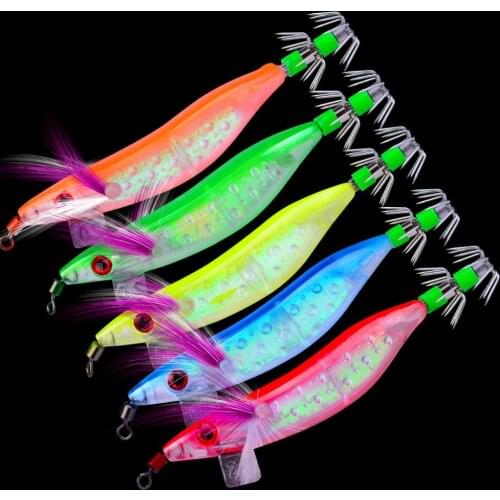 5pcs/lot Luminous Shrimp Squid Octopus Bait Fishing Jigs Hook Lures 10cm 8g 5 Colors Noctilucent Shrimp Baits