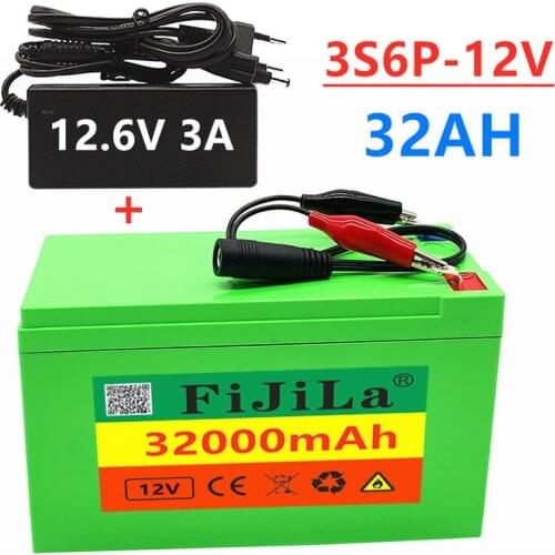 New 12V 32Ah 18650 lithium battery pack 3S6P built-in high current 20A BMS for spraying, electric vehicle battery + 12.6Vcharger