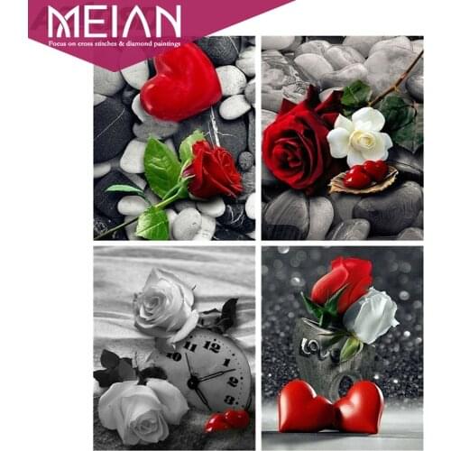 Meian Flower Diamond Embroidery Love Heart Picture Of Rhinestones Diamond Painting Rose Flower Diamond Mosaic full drill Display