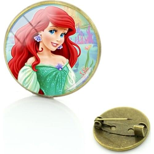 Disney Little Mermaid Princess Ariel Brooch Deep Forest Adventures Shape Pattern Cabochon Glass Pin Brooch Friend Brooch