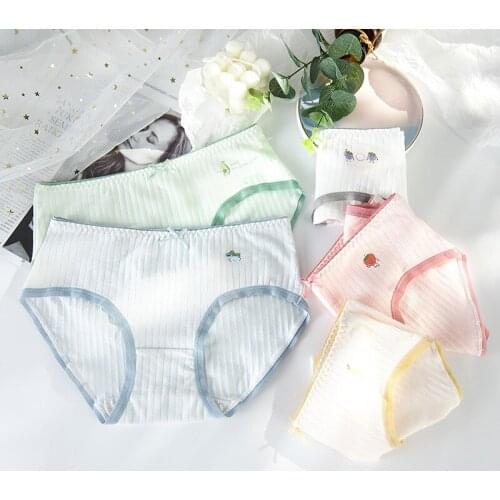 Girls Pure Cotton Underwear Lovely Fruit Comfortable Bottom Women Panties Mid Waist Buttock Stripe Briefs Bow Soft Lingerie