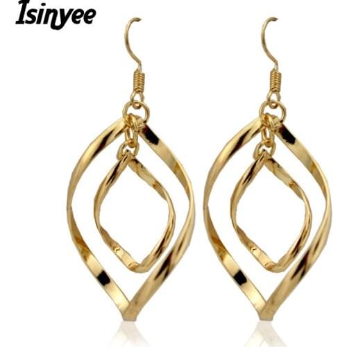 ISINYEE Fashion Double Leaf Geometric Dangle Earrings For Women Girls Gold Silver Glitter Filigree Earring Vintage Jewelry