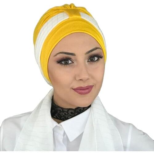 Islamic Fashion Muslim Hijab Lady Hijab 2021 Trend Scarf Bone Beanie Ready Shawl Scarf Buckle Hat Yellow Horsehair Bone