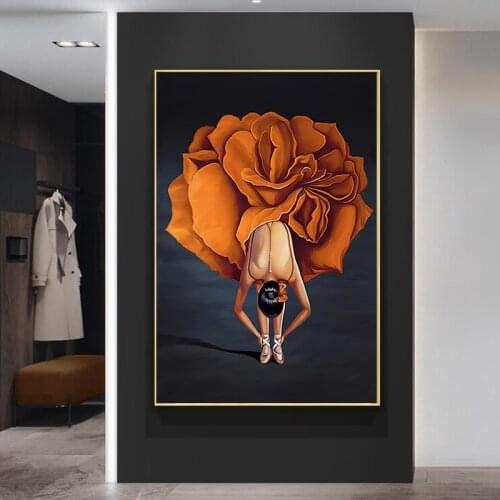 Canvas Painting Ballerina Girl Wall Art Orange Flowers Ballet Skirt Poster Print Wall Picture for Living Room Home Decor Cuadros