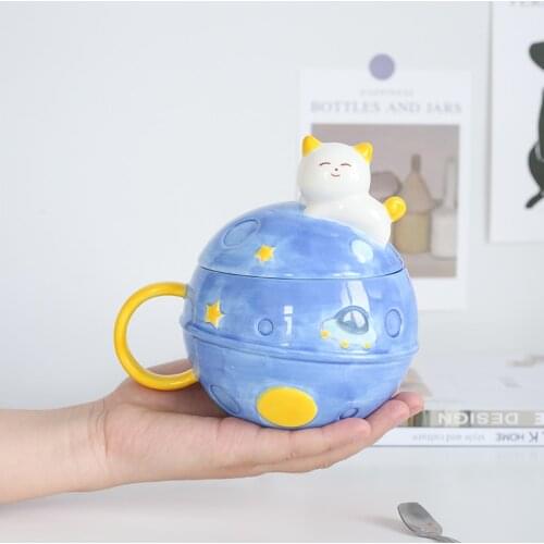 Creative Planet Ceramic Mugs Cups With Lids Blue Pink Coffee Water Milk Drinking Tazas Tea Party Home Drinkware Gifts