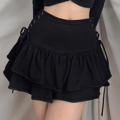 Hot Goth Skirt Lolita Gothic Punk Skirts Ruffles Lace-Up High Waist Harajuku Ball Gown Sexy Streetwear Female Black