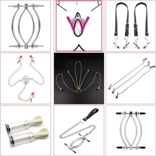 Metal Labia Clip Clitoris Stimulator Vagina Speculum Nipple Clamp BDSM Bondage Thigh Spreader Strap SM Exotic Sex Toys For Women