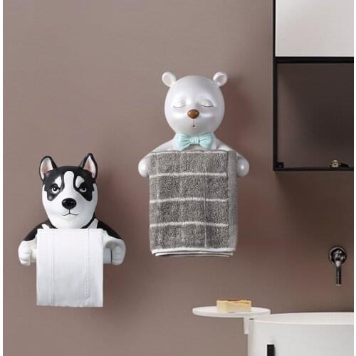 Cute Husky Dog Bear Tissue Holder Toilet Toilet Toilet Free Punch Bathroom Wall Mounted Creative Toilet Roll Holder
