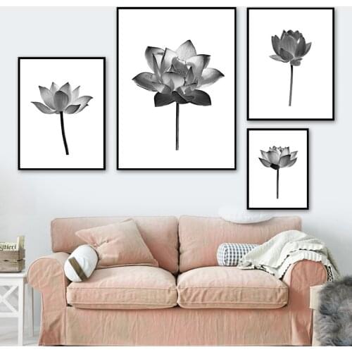 Minimalist Black White Lotus Illustration Wall Art Canvas Painting Nordic Posters And Prints Wall Pictures For Living Room Decor