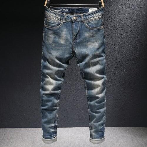 Korean Style Fashion Men Jeans High Quality Retro Dark Blue Ripped Jeans Men Vintage Designer Elastic Cotton Slim Denim Pants