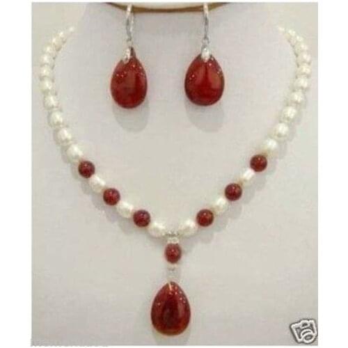 Set of White Freshwater Pearl Red Jade Necklace Earring Set