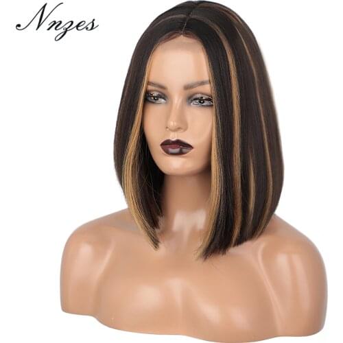 NNZES Mixed Brown Straight Short Bob Synthetic Wigs for Black Women Middle Part Heat Resistant Fiber Wig Natural Looking