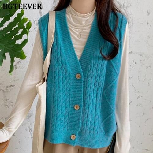 BGTEEVER V-neck Sleeveless Single-breasted Female Knitted Cardigans Autumn Winter Casual Loose Women Open Stitch Sweaters 2021