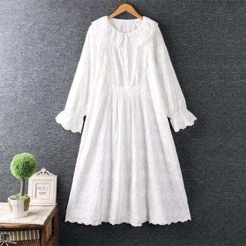 Spring Women Dress Mori Girl Fresh Embroidery Turndown Collar Long Sleeve Loose Solid Color Long Dress Women